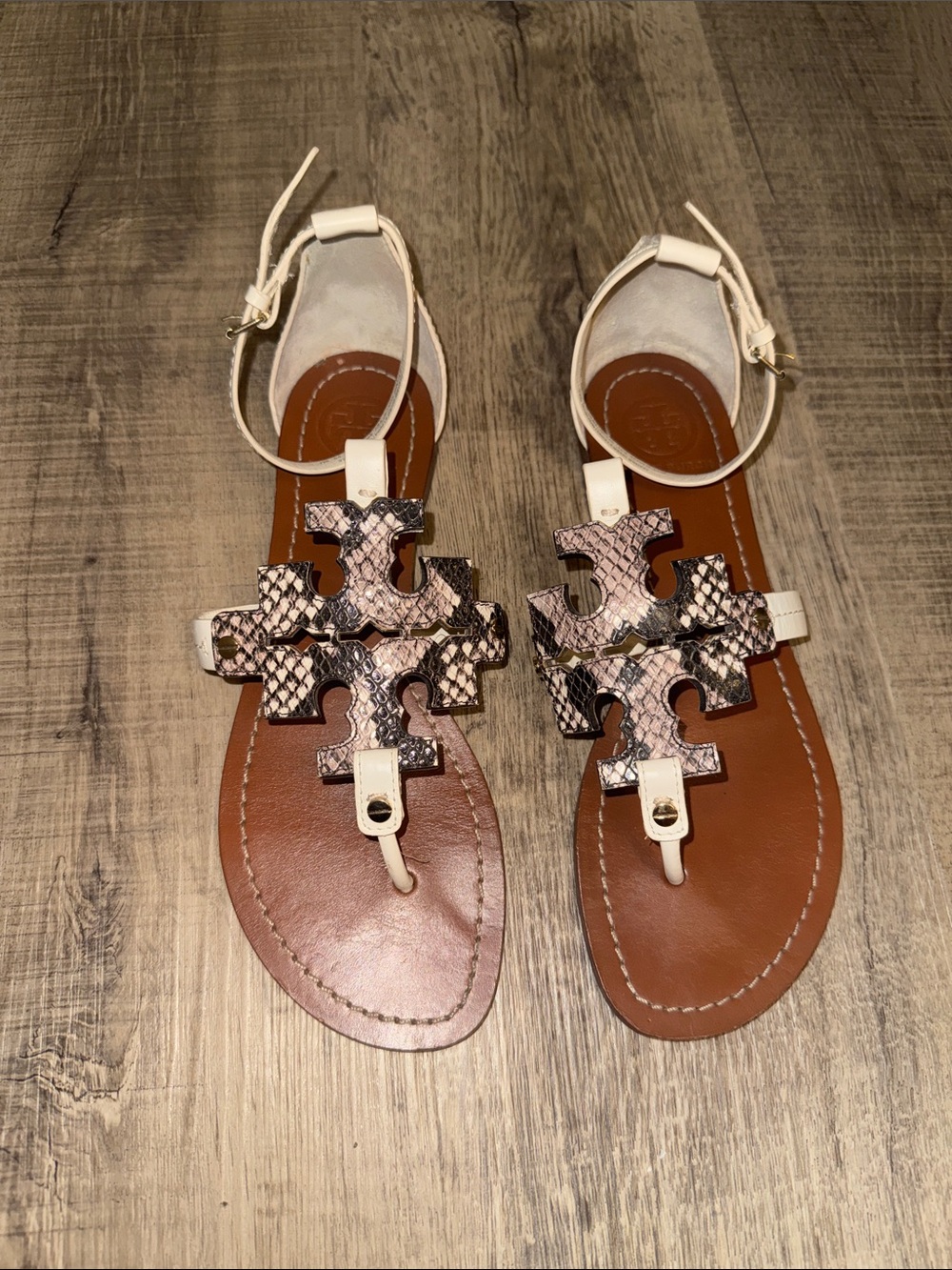 Tory Burch White Ankle-Strap Sandals with Snake-Print Logo Accent